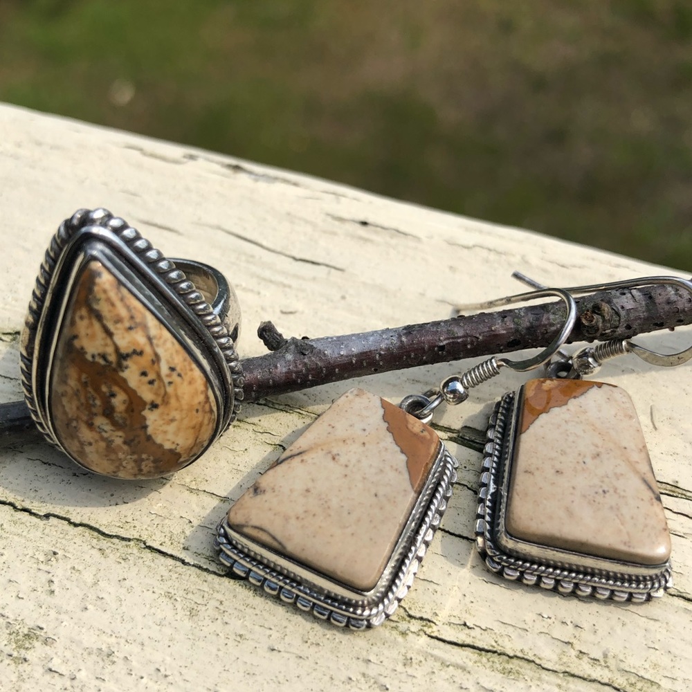 Landscape Jasper & Sterling Silver Ring & Earrings